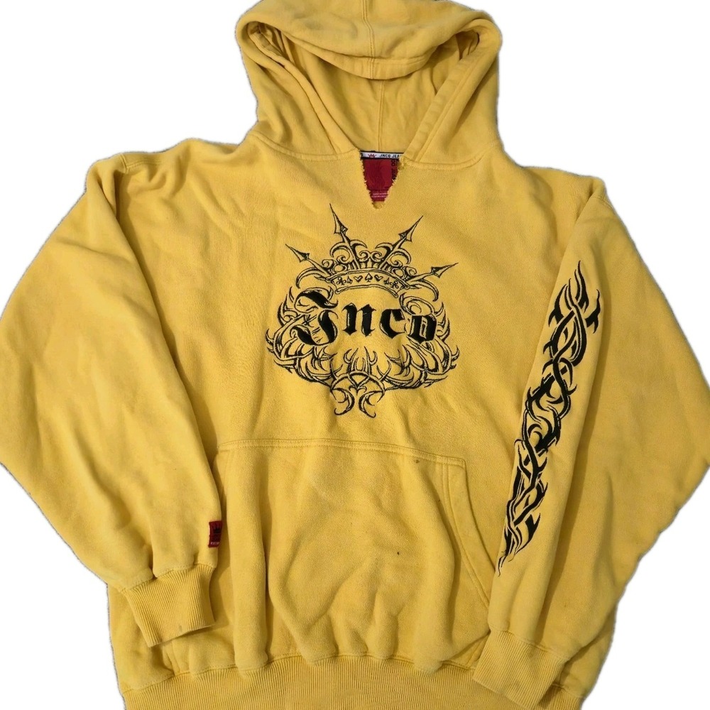 Vintage JNCO Jeans Crown Logo Embroidered Pullover Hoodie Mens L Yellow